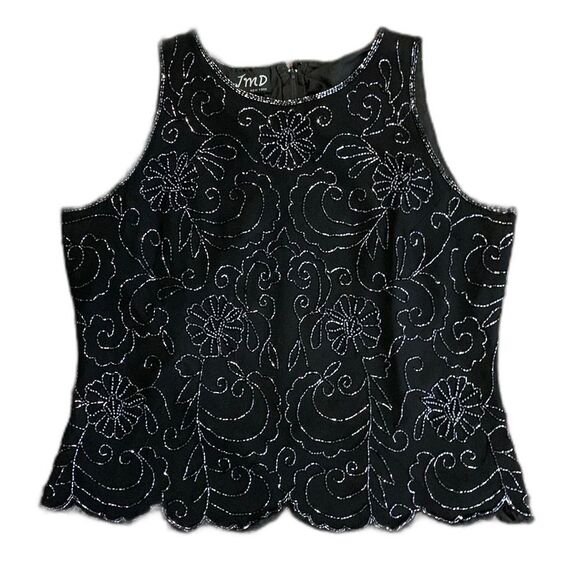 Vintage 90s JMD New York Black Floral Beaded Sleeveless Dressy Top Size L - Picture 1 of 13